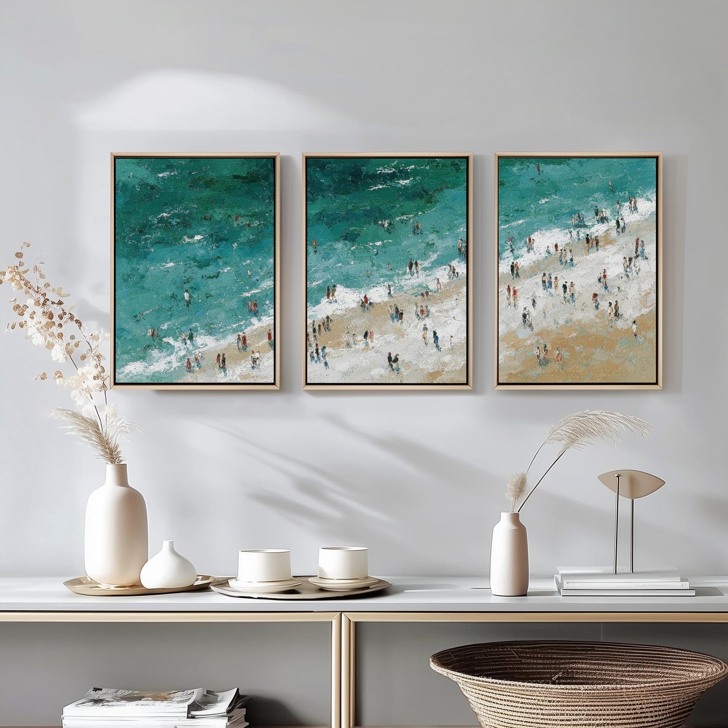 Aerial View of Woolacombe Beach Set of Three Posters - Populated Illustration of Ocean - 3 Art Prints Painting Sand Waves North Devon Coast