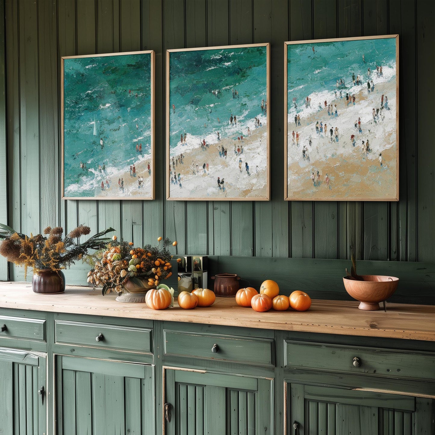 Aerial View of Woolacombe Beach Set of Three Posters - Populated Illustration of Ocean - 3 Art Prints Painting Sand Waves North Devon Coast