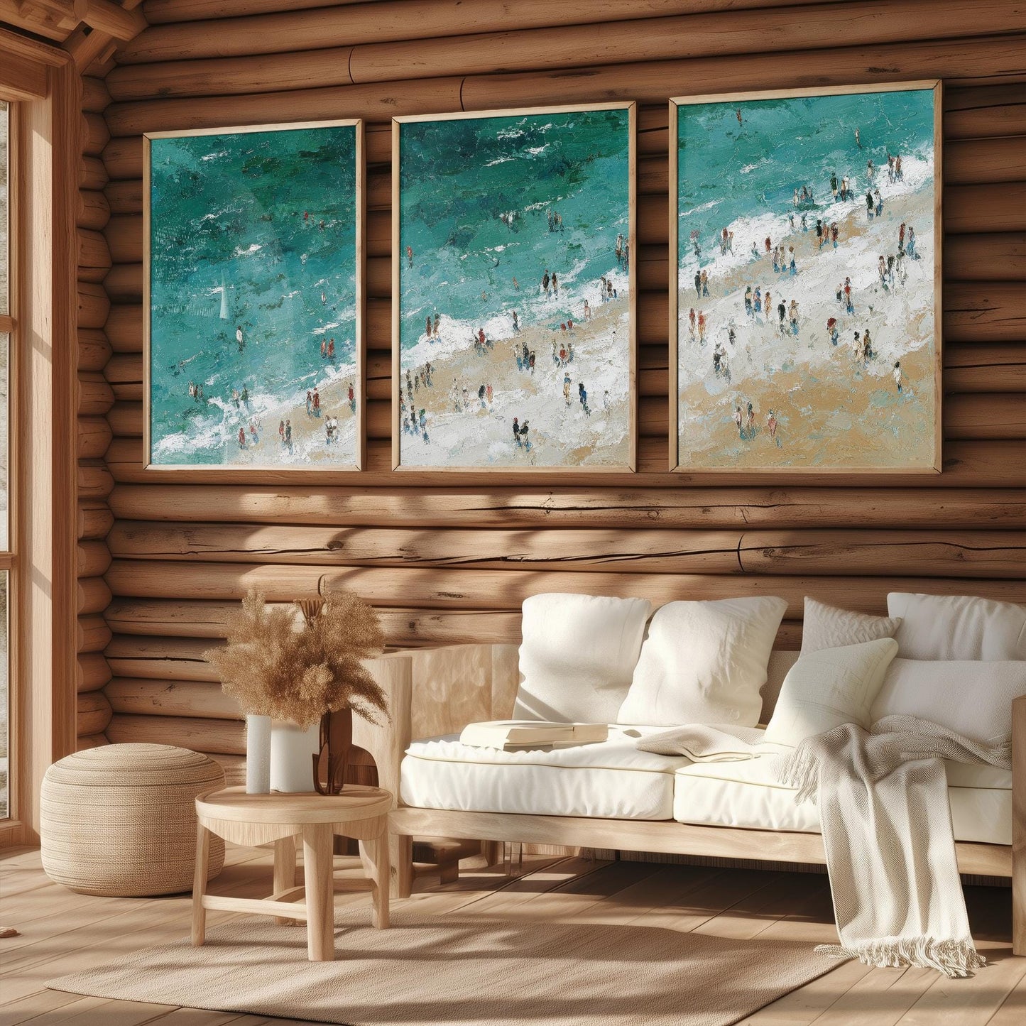 Aerial View of Woolacombe Beach Set of Three Posters - Populated Illustration of Ocean - 3 Art Prints Painting Sand Waves North Devon Coast