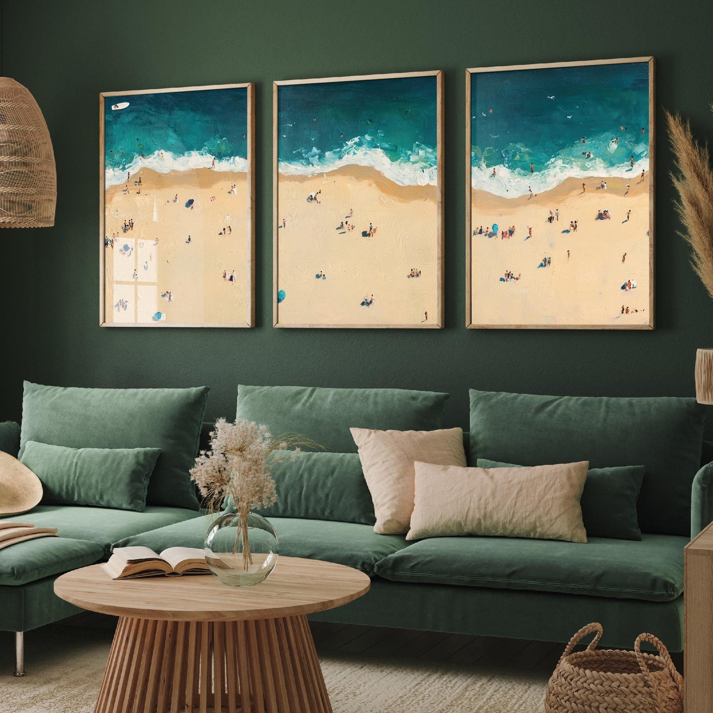 Aerial View of Bournemouth Beach Set of Three Posters - Populated Illustration of Ocean - 3 Art Prints Painting Sand Waves Coastal Sands