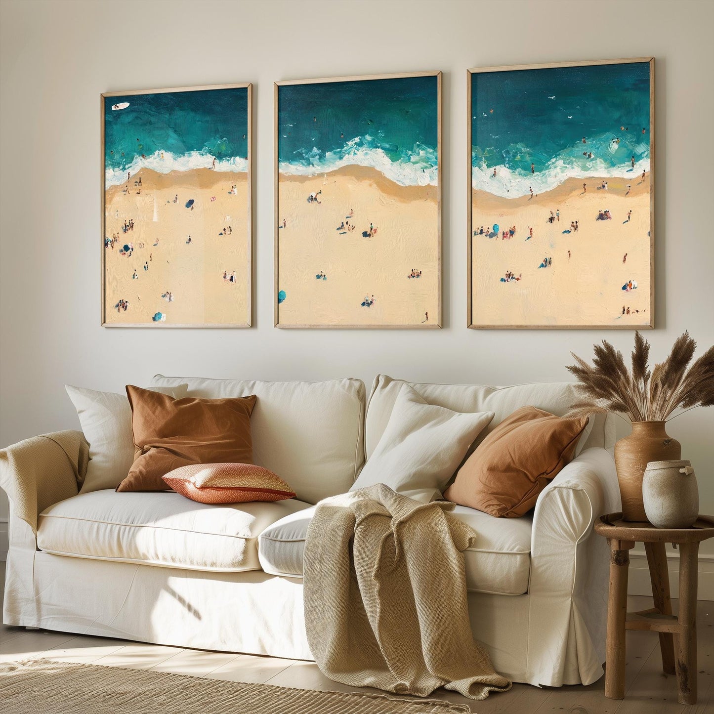 Aerial View of Bournemouth Beach Set of Three Posters - Populated Illustration of Ocean - 3 Art Prints Painting Sand Waves Coastal Sands