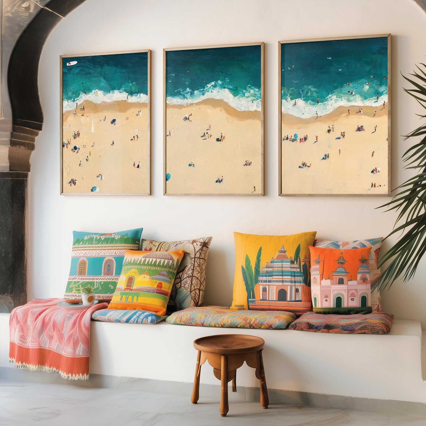 Aerial View of Bournemouth Beach Set of Three Posters - Populated Illustration of Ocean - 3 Art Prints Painting Sand Waves Coastal Sands