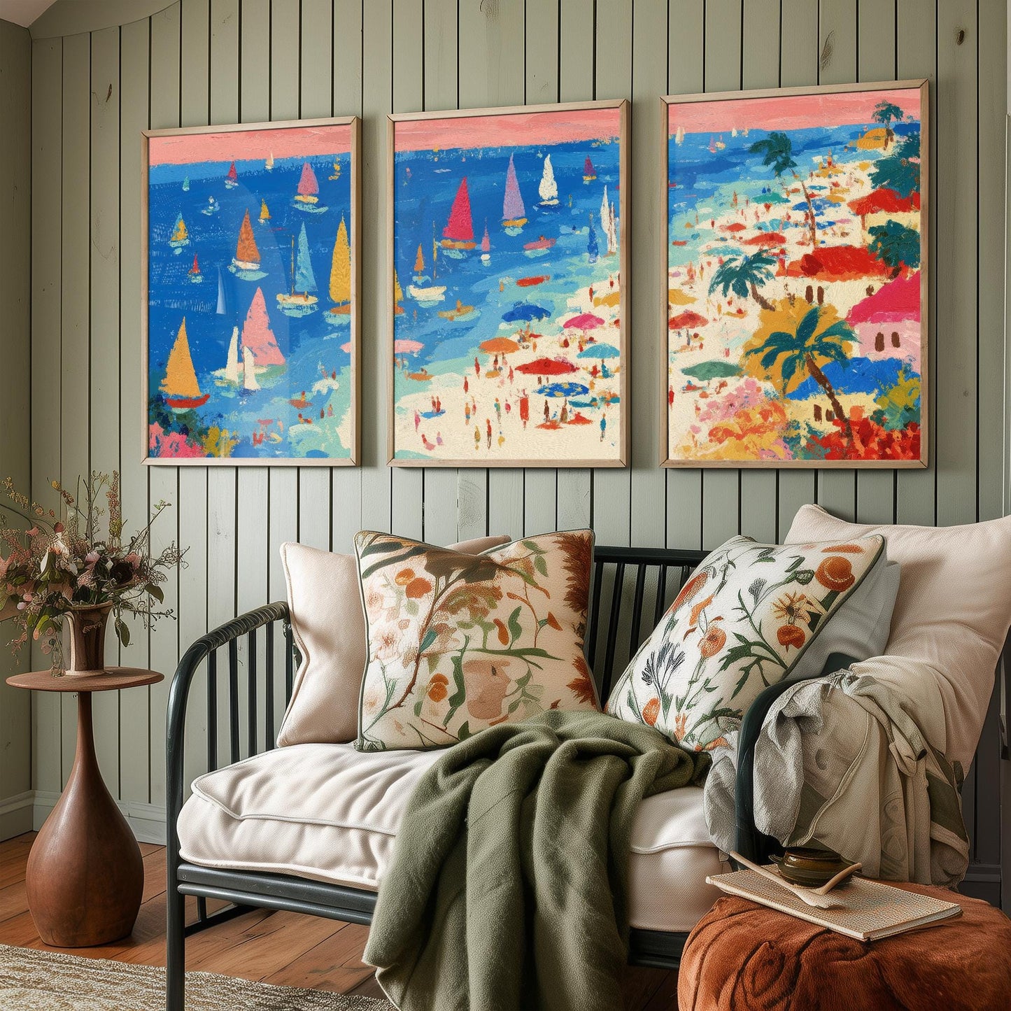Aerial View of Porthminster Beach Set of Three Posters - Populated Illustration of Ocean - 3 Art Prints Painting Sand Waves Coastal Cornwall
