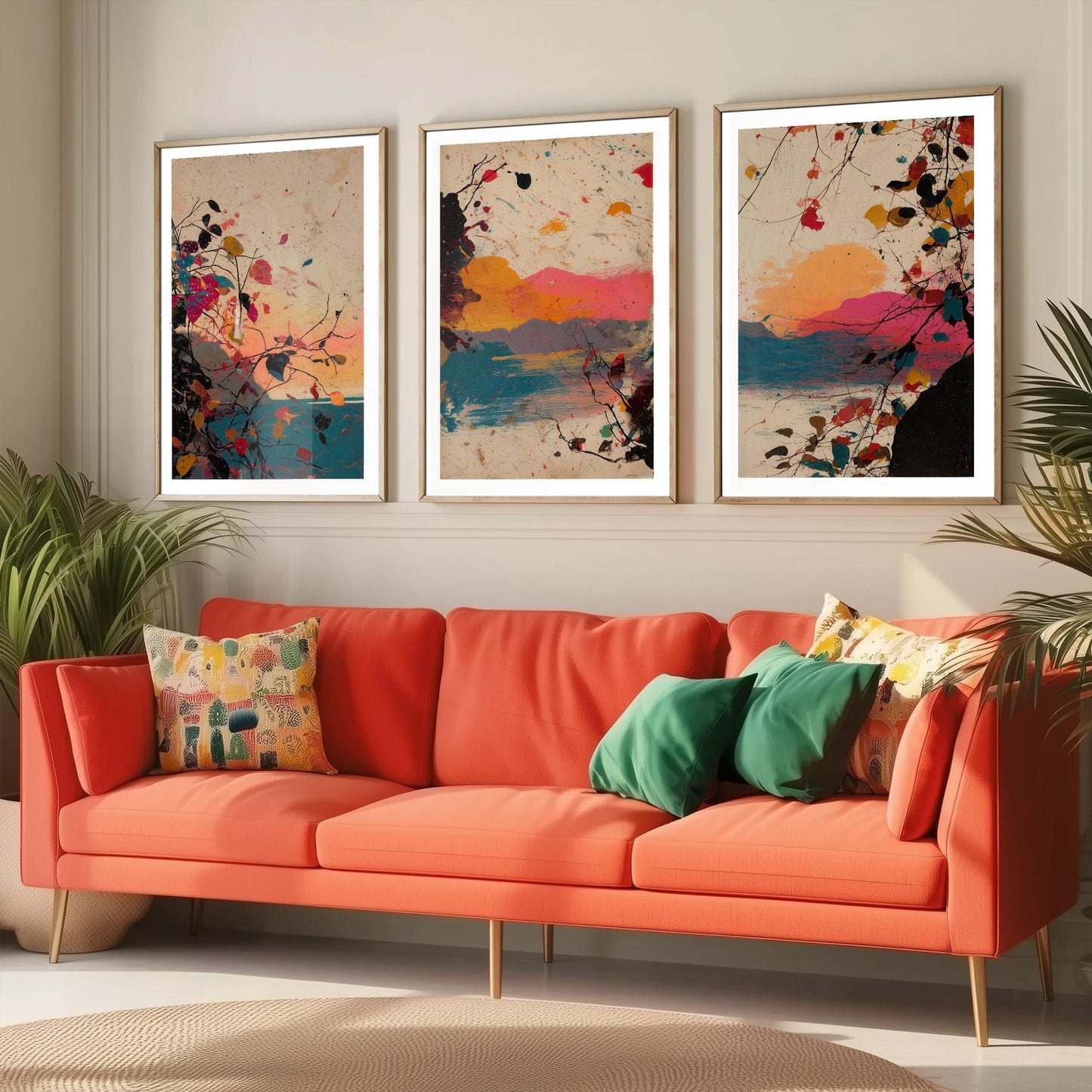 Beautiful Splash Landscape in Pink Orange and Blue - Set of Three Art Prints - 3 Poster Painting Ocean Mountain Impressionist Gift