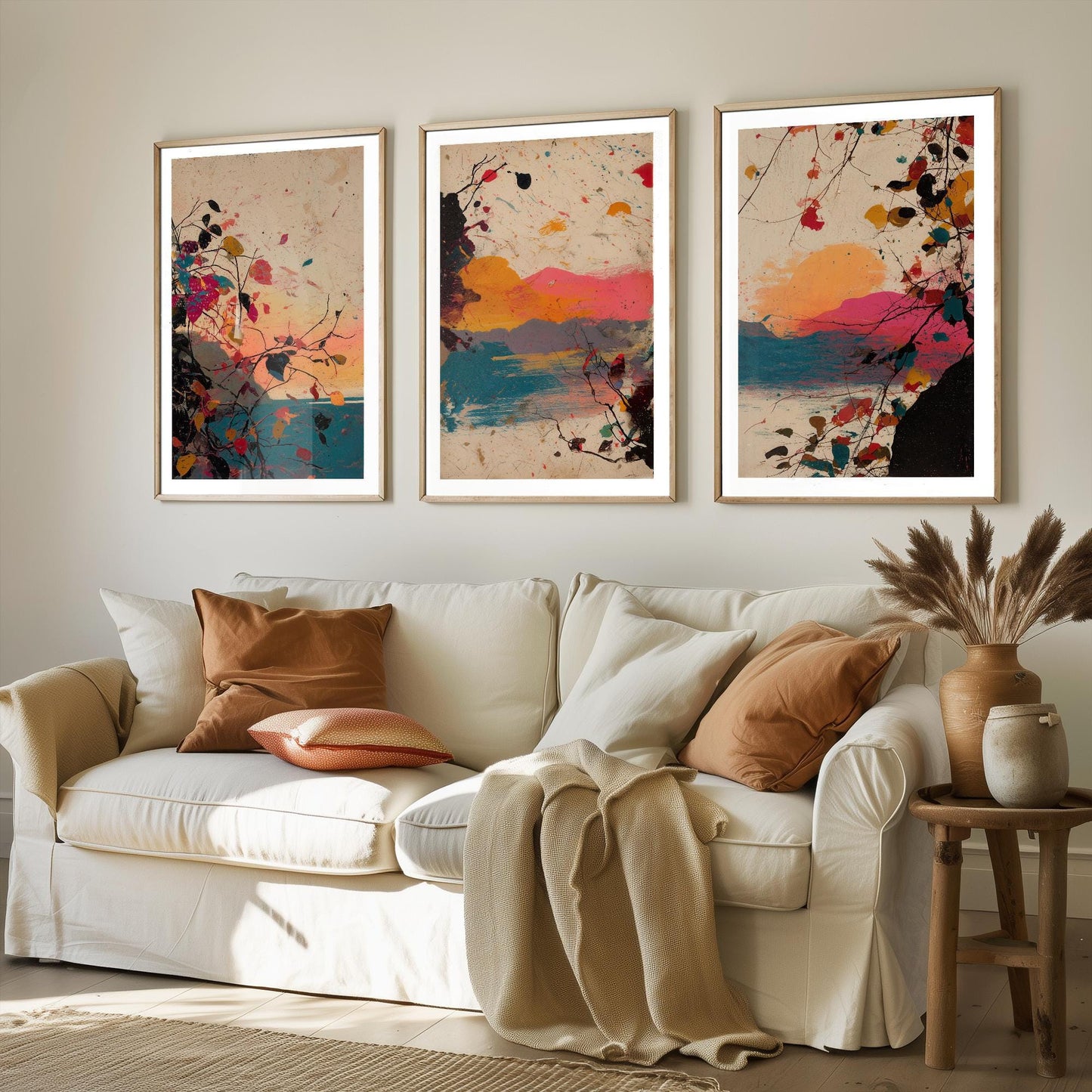 Beautiful Splash Landscape in Pink Orange and Blue - Set of Three Art Prints - 3 Poster Painting Ocean Mountain Impressionist Gift
