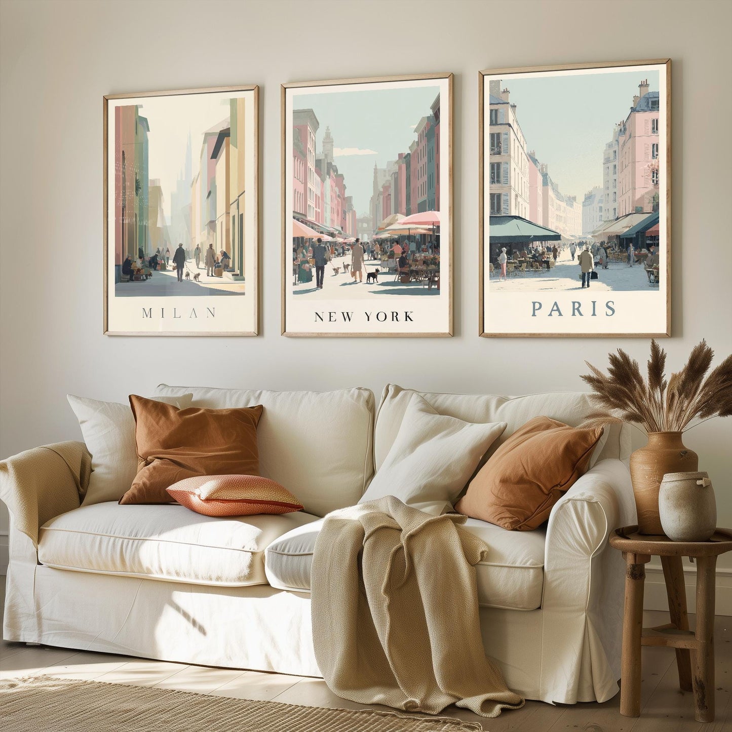 Milan, New York, Paris Set of Three Minimalist Market Posters - 3 Modern Travel Art Prints - Photo Painting Illustration Gift Map Retro