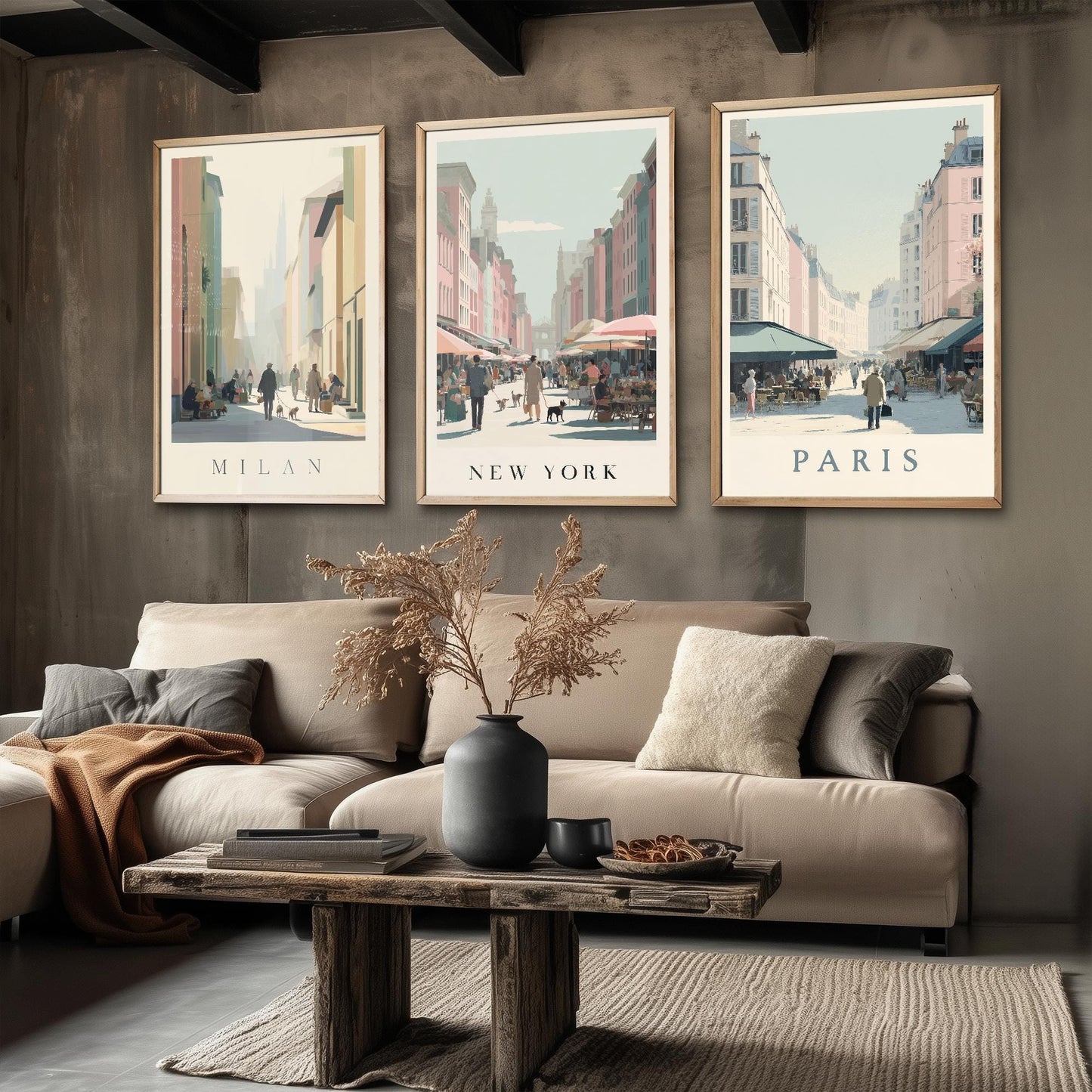 Milan, New York, Paris Set of Three Minimalist Market Posters - 3 Modern Travel Art Prints - Photo Painting Illustration Gift Map Retro