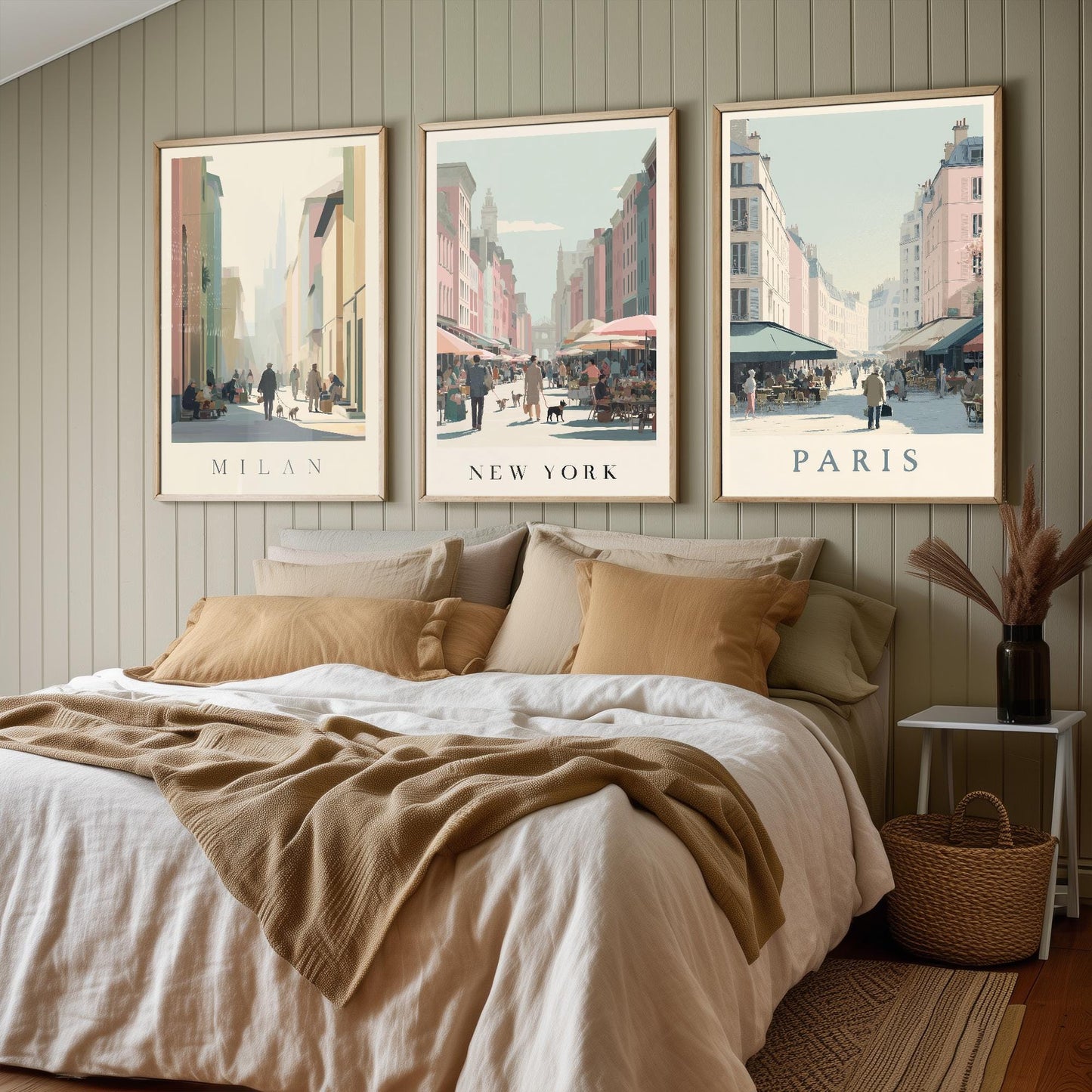 Milan, New York, Paris Set of Three Minimalist Market Posters - 3 Modern Travel Art Prints - Photo Painting Illustration Gift Map Retro