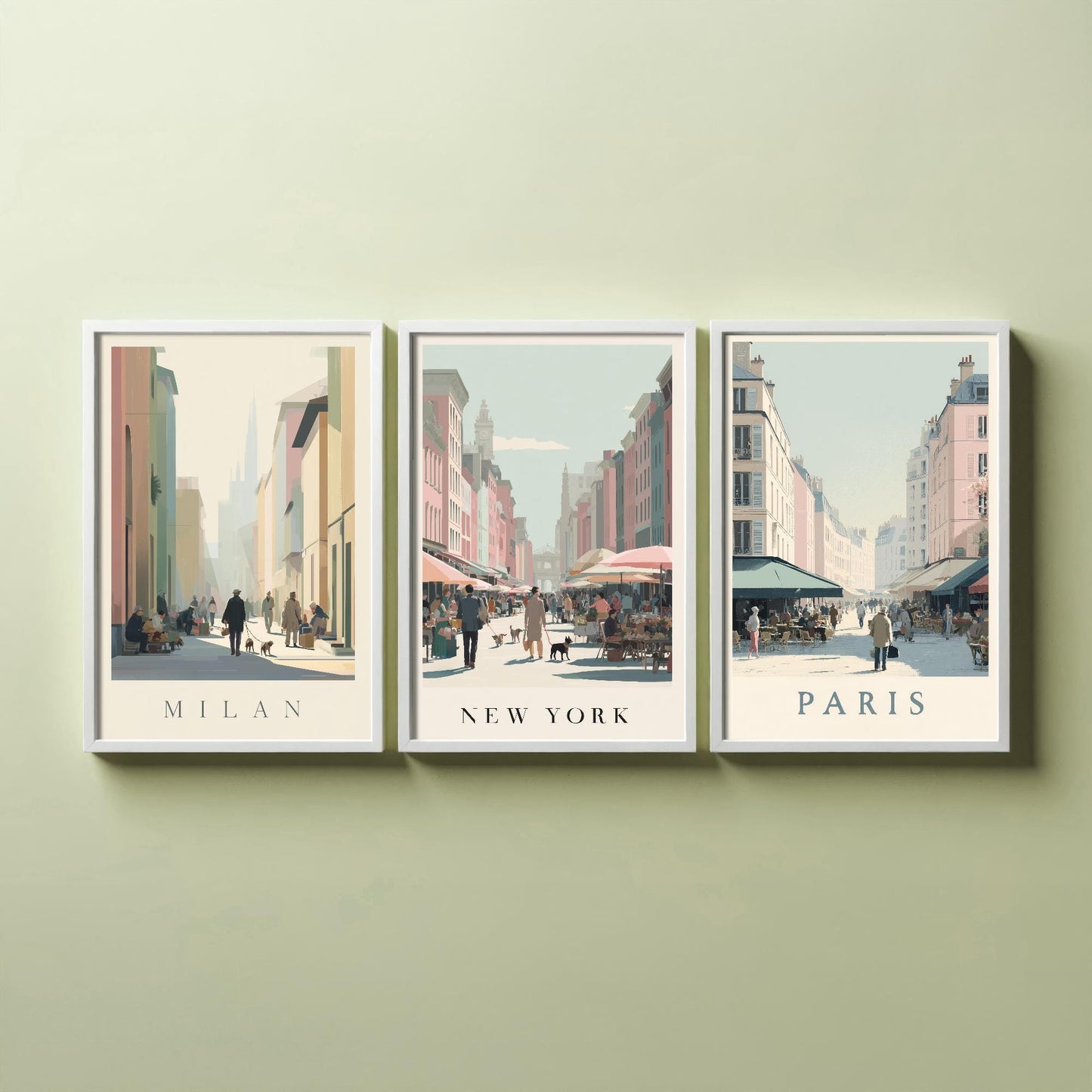Milan, New York, Paris Set of Three Minimalist Market Posters - 3 Modern Travel Art Prints - Photo Painting Illustration Gift Map Retro