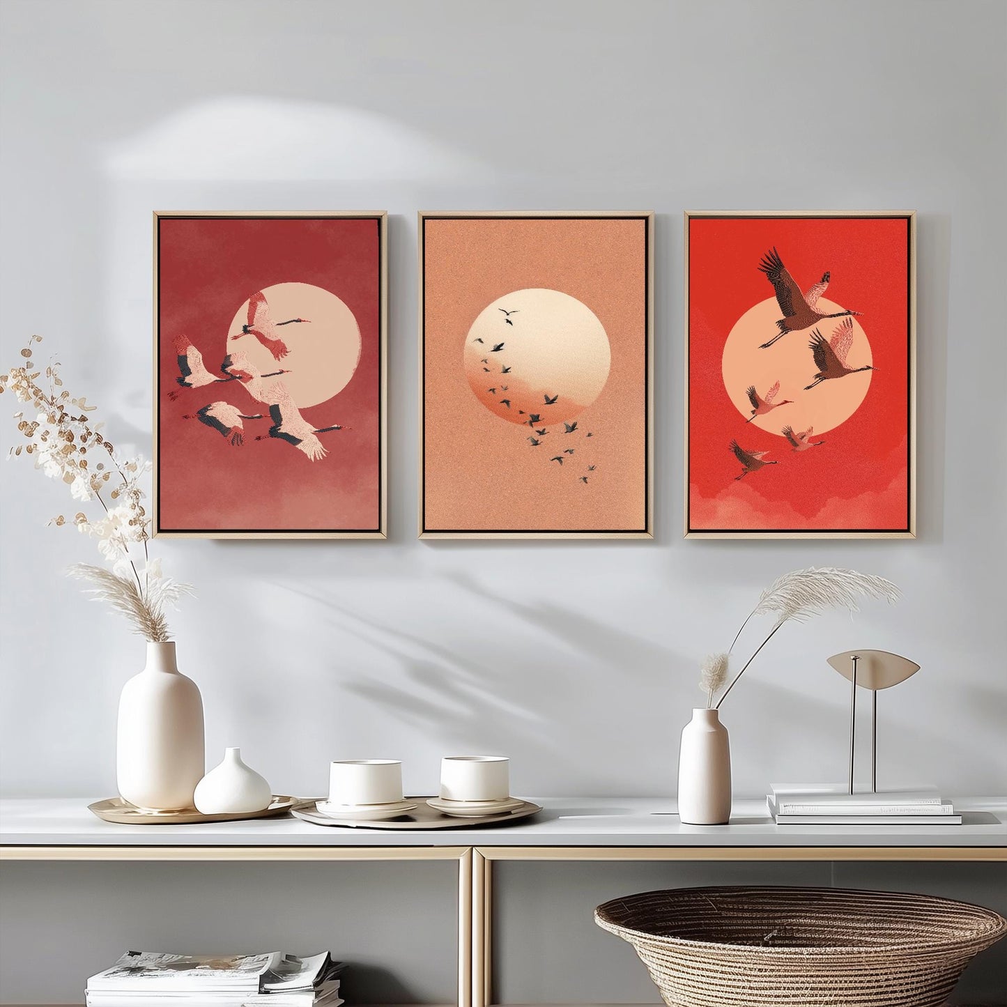 Birds in Sky with Large Moon Set of Three Art Prints - Red Tones - 3 Paintings - Subtle Japanese Style - Poster of Ukiyo-e Hokusai - Maroon