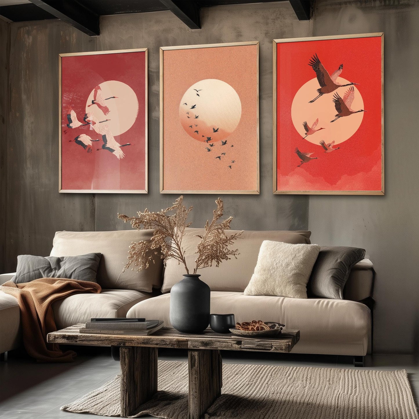 Birds in Sky with Large Moon Set of Three Art Prints - Red Tones - 3 Paintings - Subtle Japanese Style - Poster of Ukiyo-e Hokusai - Maroon