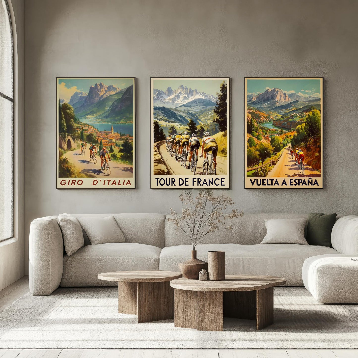 Vintage Cycling Posters - Giro D'Italia, Tour de France, Vuelta a Espana Art Prints - 3 Bicycle Painting Gift Grand Tour Road Set of Three