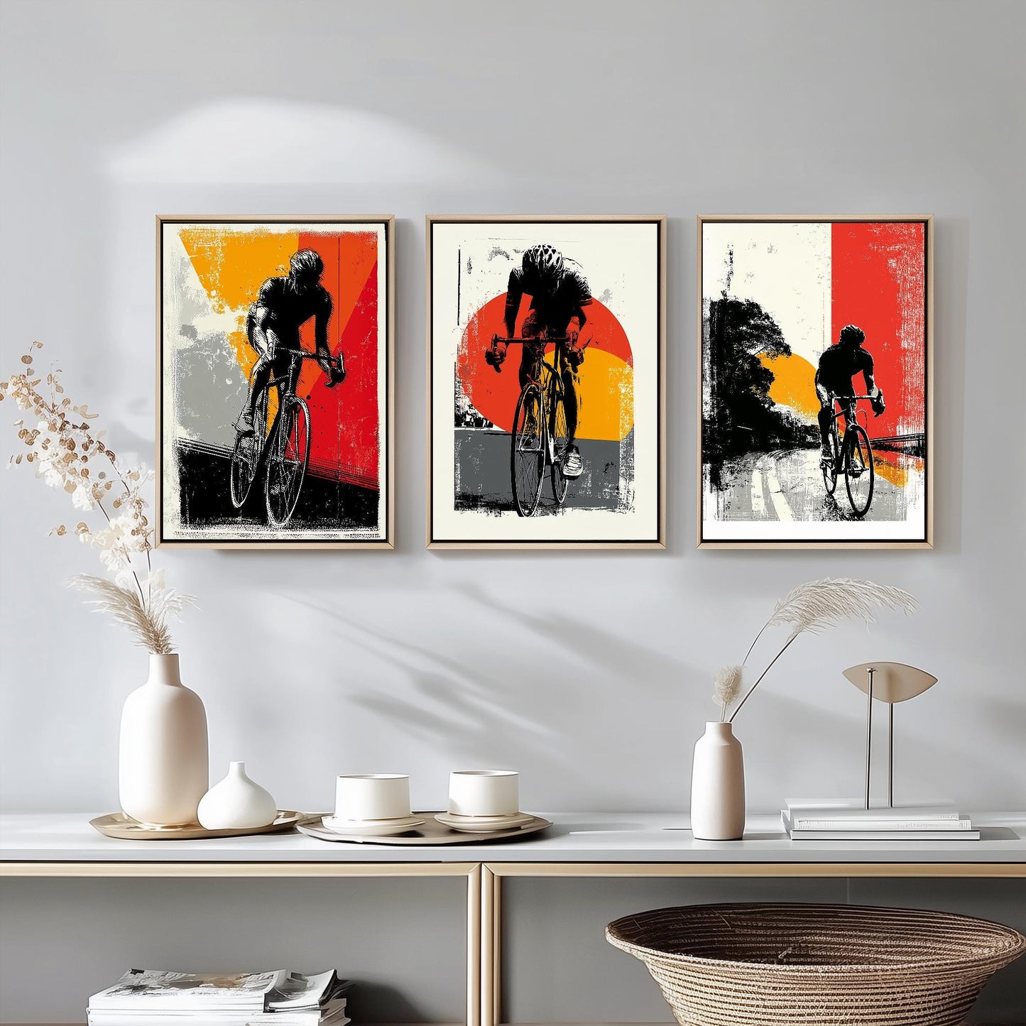 Cycling Block Print in Red Orange and Grey Set of Three Posters - 3 Sport Lycra Art Prints - Bicycle Painting Gift Grand Tour Road Racing