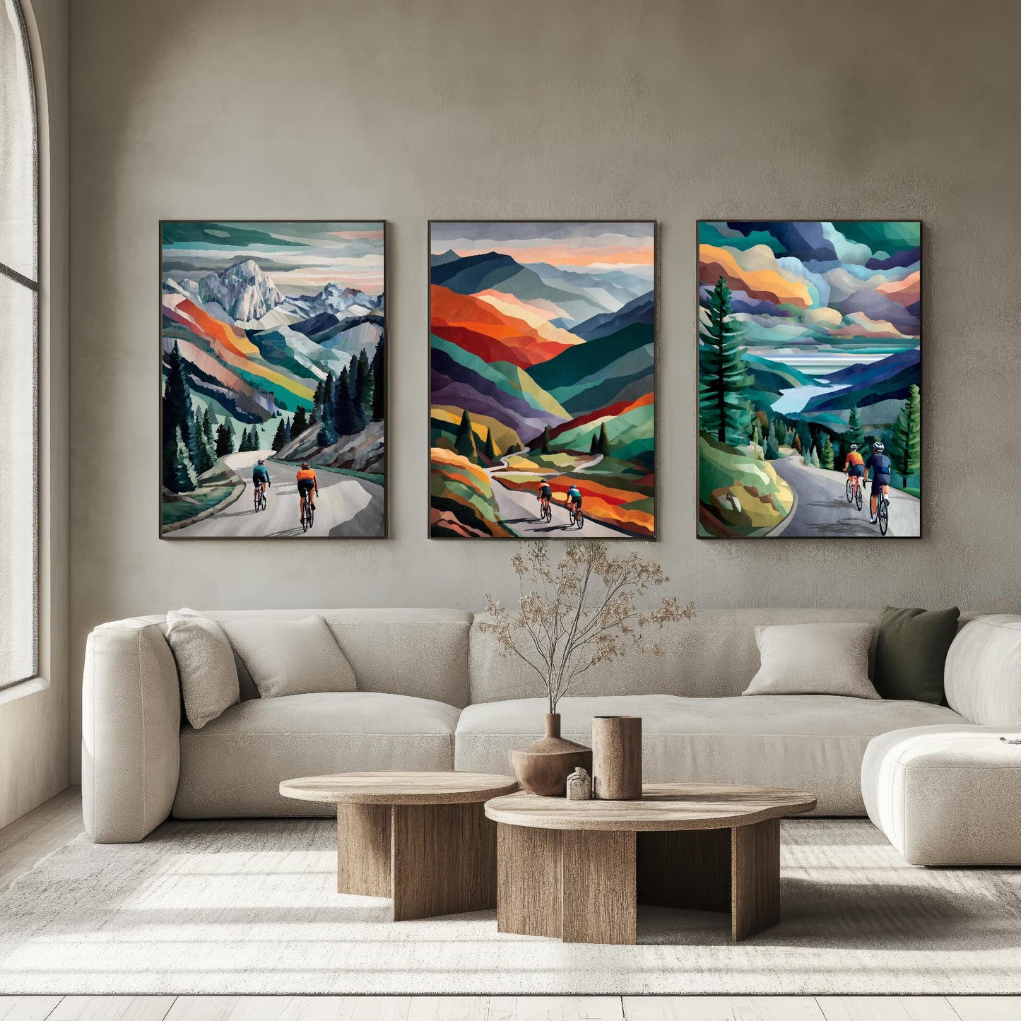 Couples Cycling Posters - Set of Three Rainbow Collage Art Prints - 3 Sport Lycra Bicycle Painting Gift Grand Tour Road Racing Husband Wife