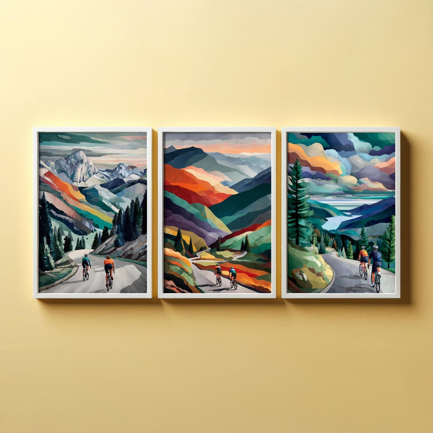 Couples Cycling Posters - Set of Three Rainbow Collage Art Prints - 3 Sport Lycra Bicycle Painting Gift Grand Tour Road Racing Husband Wife