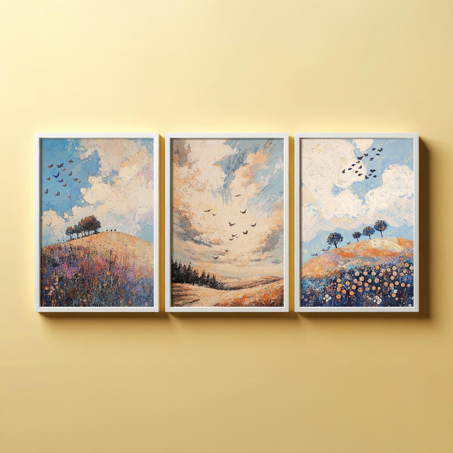 Rolling Butterfly Landscape Art Prints in Periwinkle, Copper and Ice - Set of Three Posters, Painting - Lincolnshire Wolds