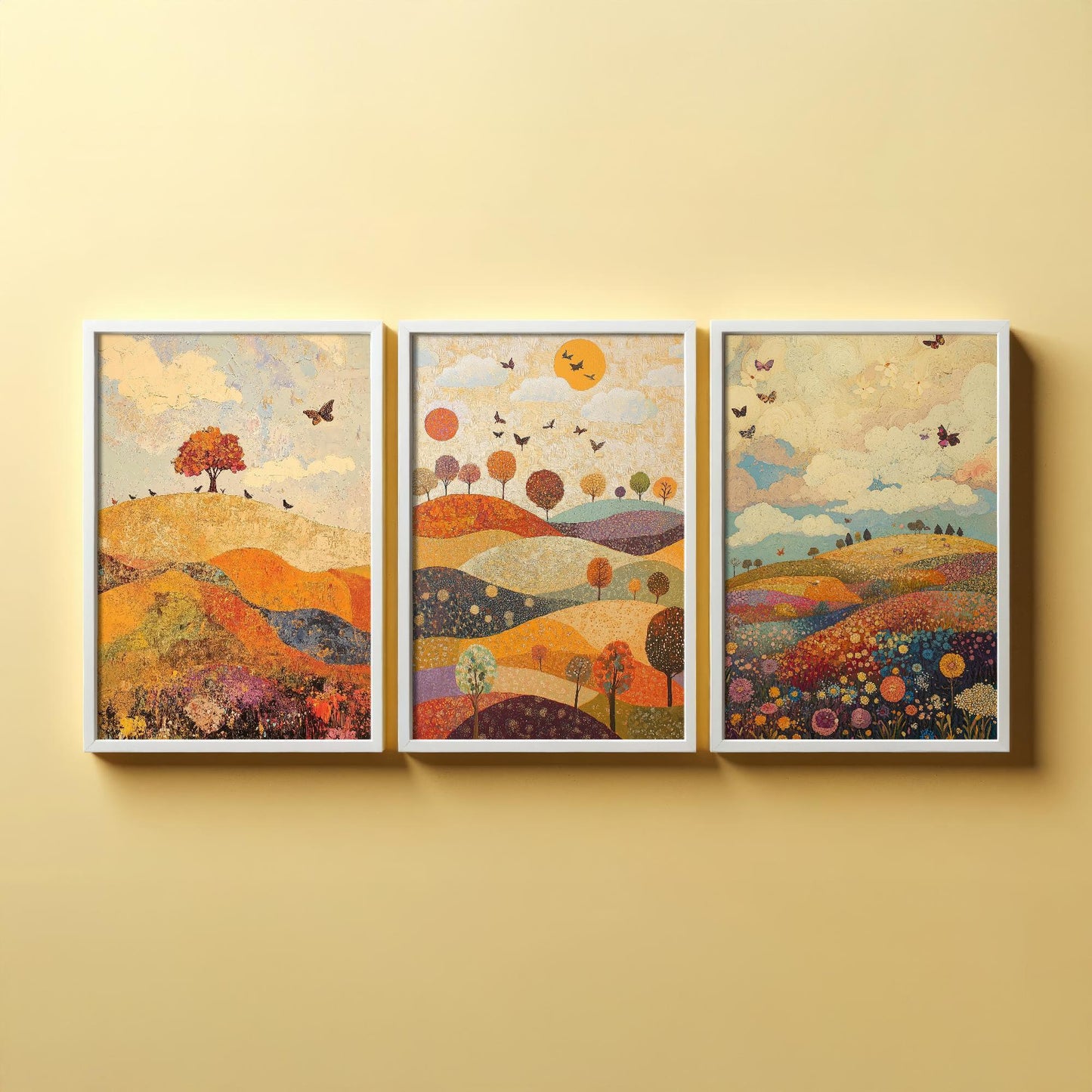 Rolling Butterfly Landscape Art Prints in Mulberry, Sand and Smoke - Set of Three Posters, Painting - Howgill Fells