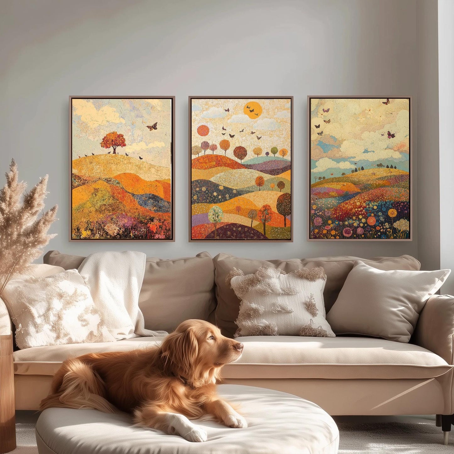 Rolling Butterfly Landscape Art Prints in Mulberry, Sand and Smoke - Set of Three Posters, Painting - Howgill Fells