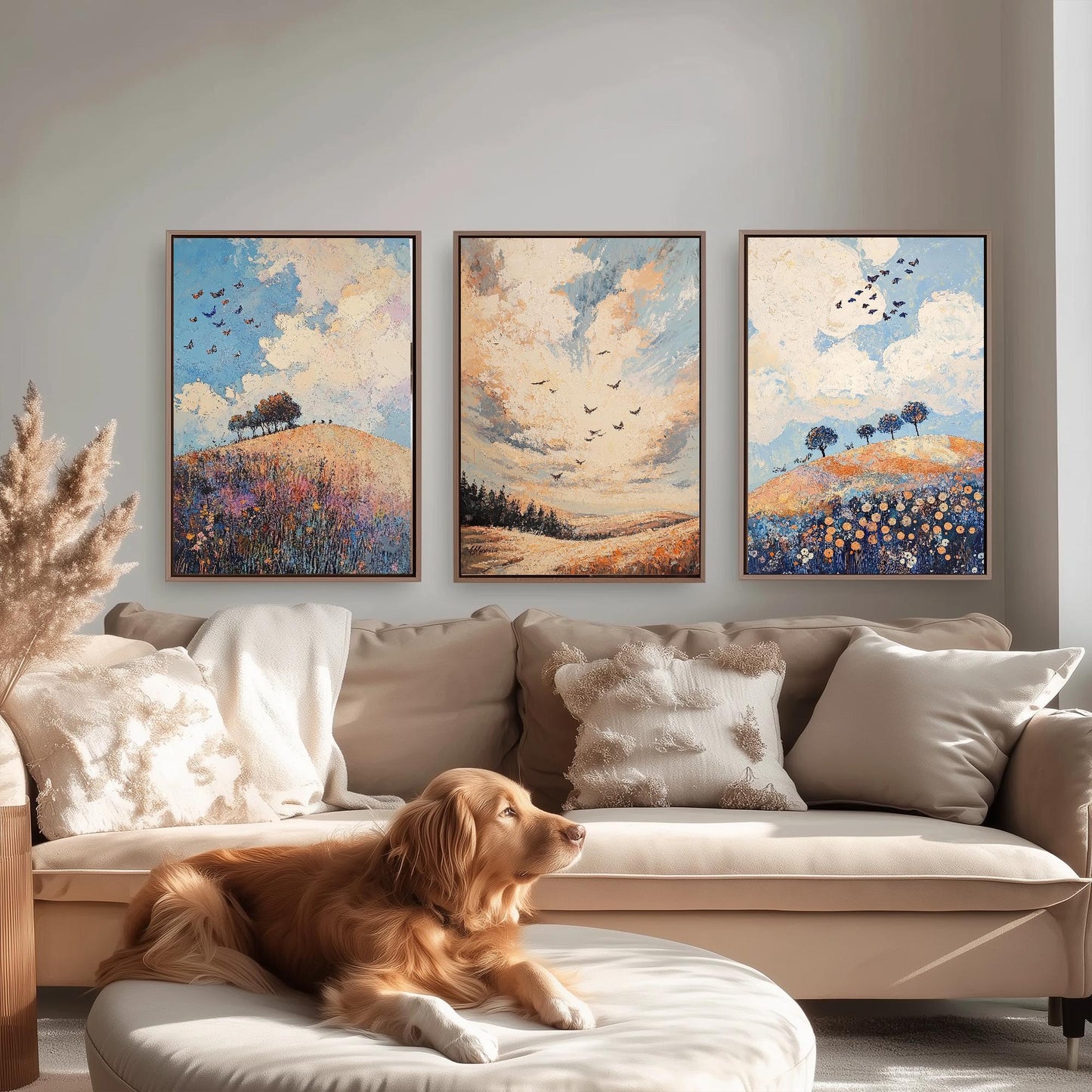 Rolling Butterfly Landscape Art Prints in Periwinkle, Copper and Ice - Set of Three Posters, Painting - Lincolnshire Wolds