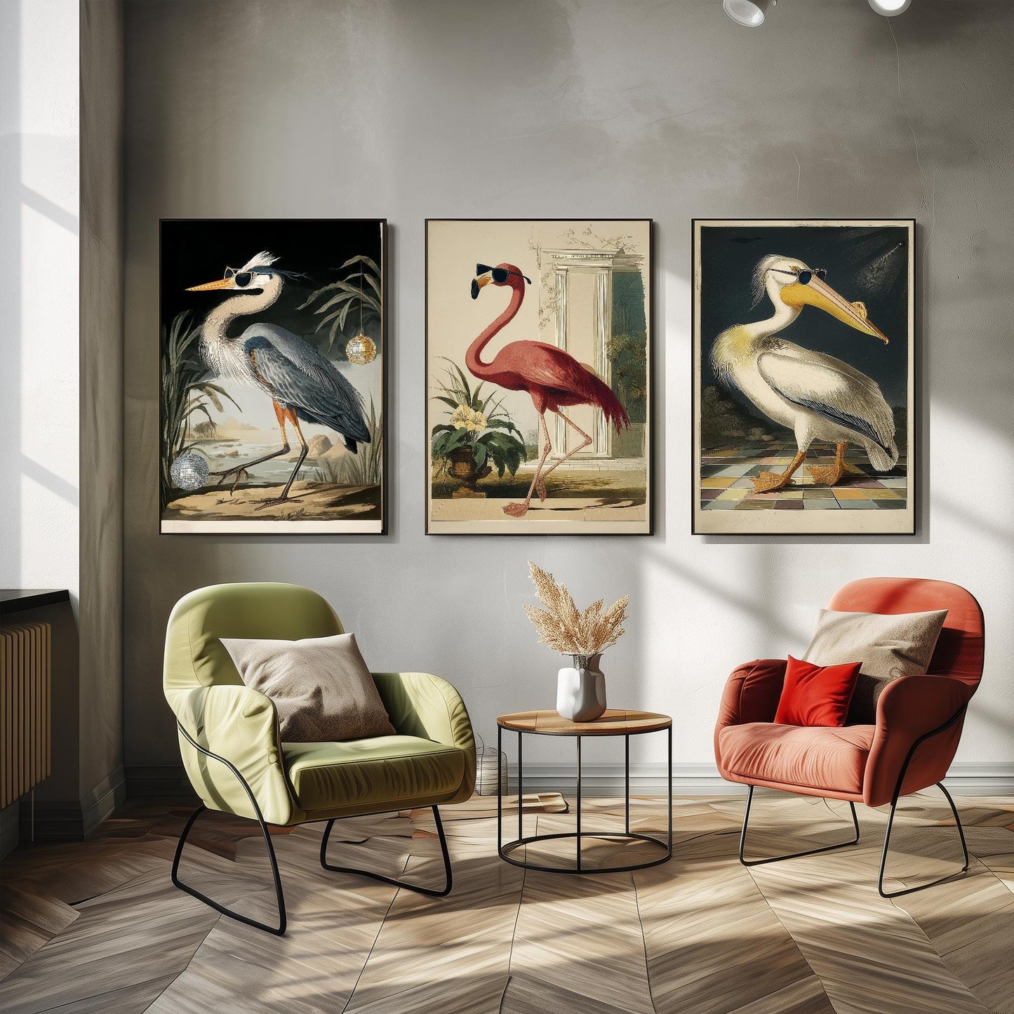 Set of Three Cool Party Dancing Flamingo Prints - 3 Bird Paintings - Poster Wall Art Giclée - John James Audubon, American White Pelican