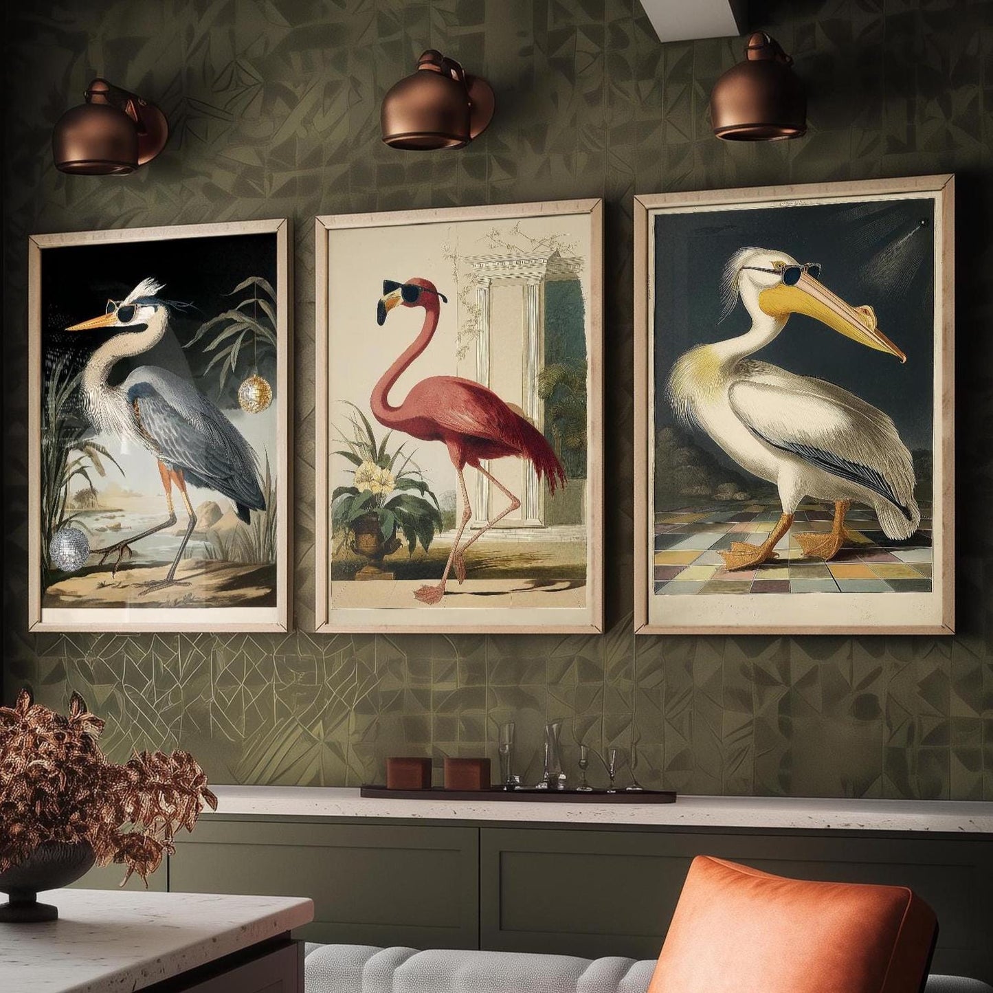 Set of Three Cool Party Dancing Flamingo Prints - 3 Bird Paintings - Poster Wall Art Giclée - John James Audubon, American White Pelican