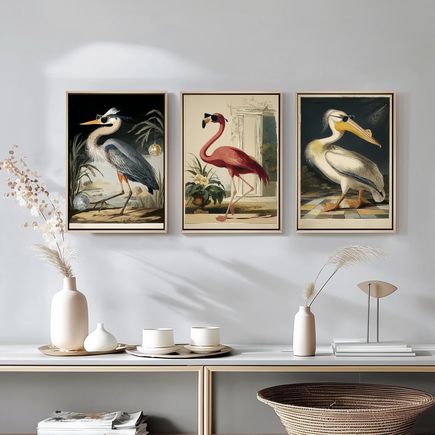 Set of Three Cool Party Dancing Flamingo Prints - 3 Bird Paintings - Poster Wall Art Giclée - John James Audubon, American White Pelican