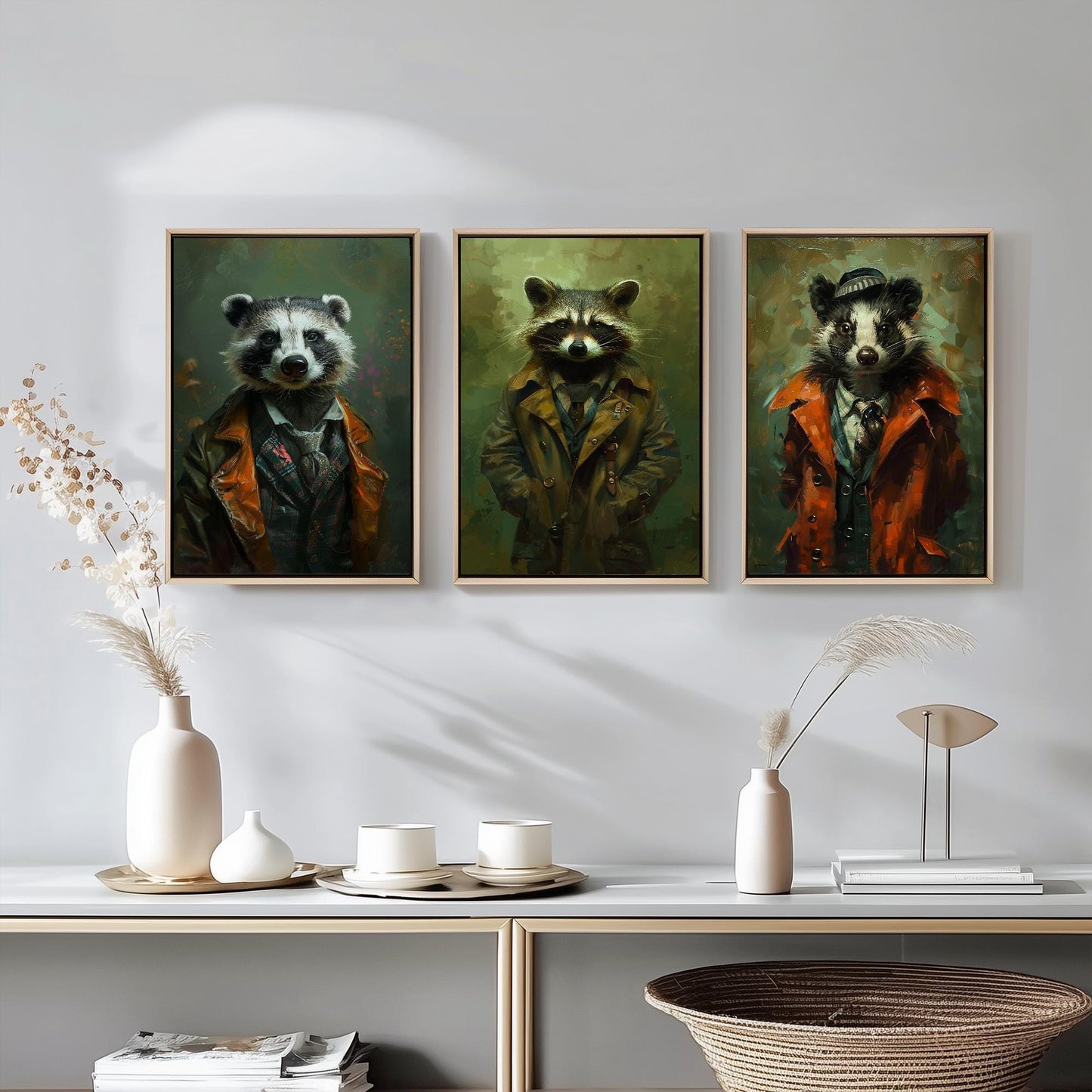 Set of Three Mischievous Animals Wearing Suits Posters - 3 Badger Raccoon Skunk Art Prints - Photo Painting Wall Smelly, Cute, Funny