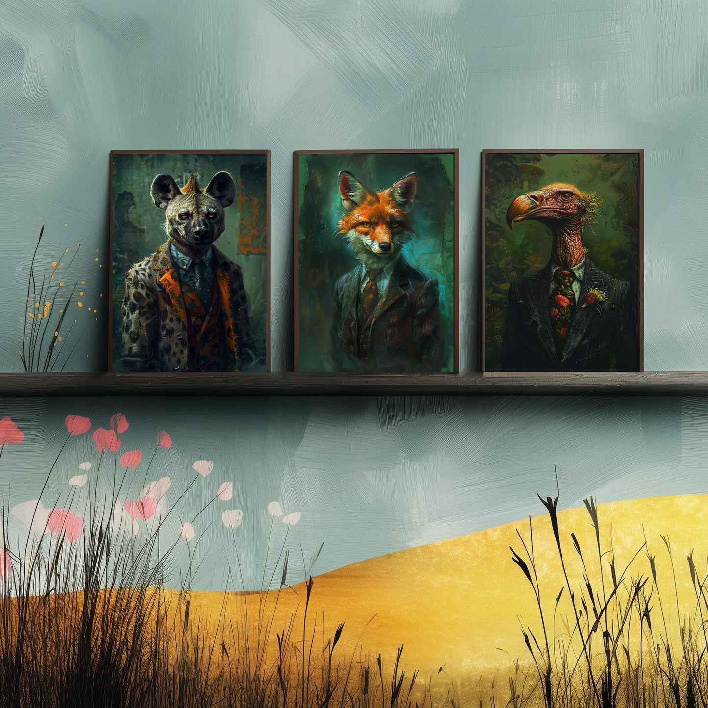Set of Three Scavenger Animals Wearing Suits Posters - 3 Hyena, Jackal, Vulture Art Prints - Photo Painting Wall Meat Eater Carnivores
