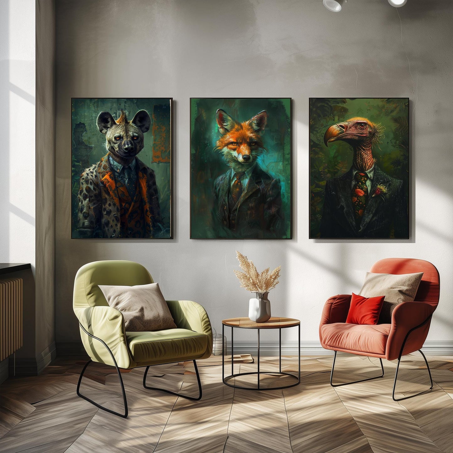 Set of Three Scavenger Animals Wearing Suits Posters - 3 Hyena, Jackal, Vulture Art Prints - Photo Painting Wall Meat Eater Carnivores