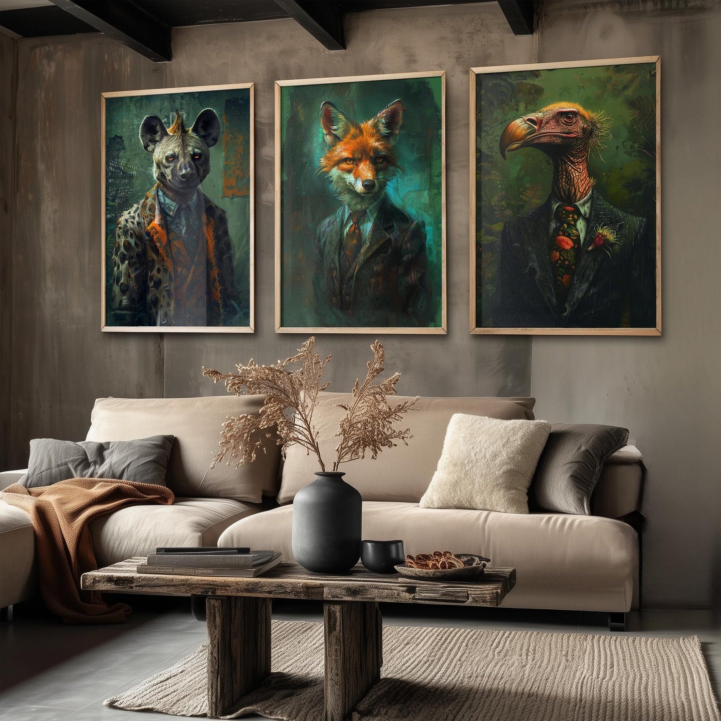Set of Three Scavenger Animals Wearing Suits Posters - 3 Hyena, Jackal, Vulture Art Prints - Photo Painting Wall Meat Eater Carnivores