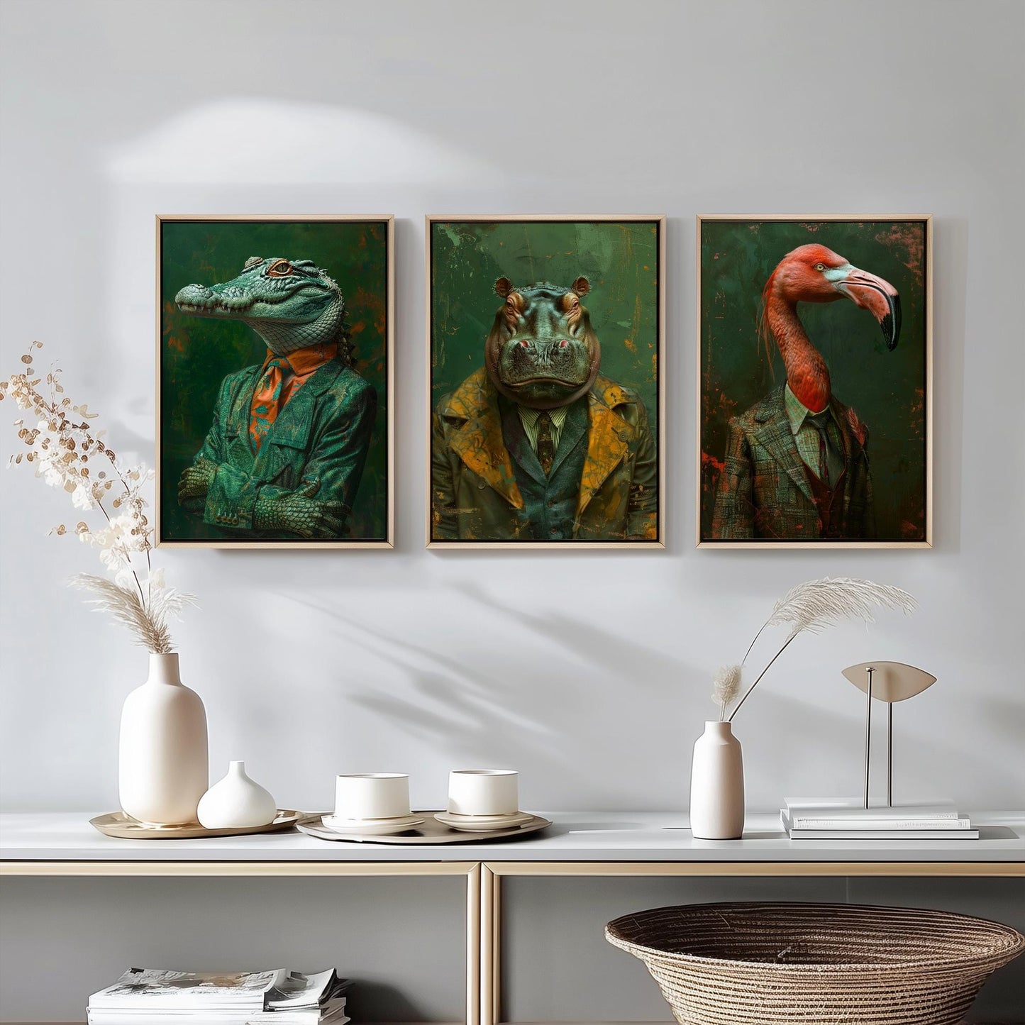 Set of Three Wild Riverbank Animals Wearing Suits Posters - 3 Crocodile, Hippo, Flamingo Art Prints - Photo Painting Wall Jungle Safari