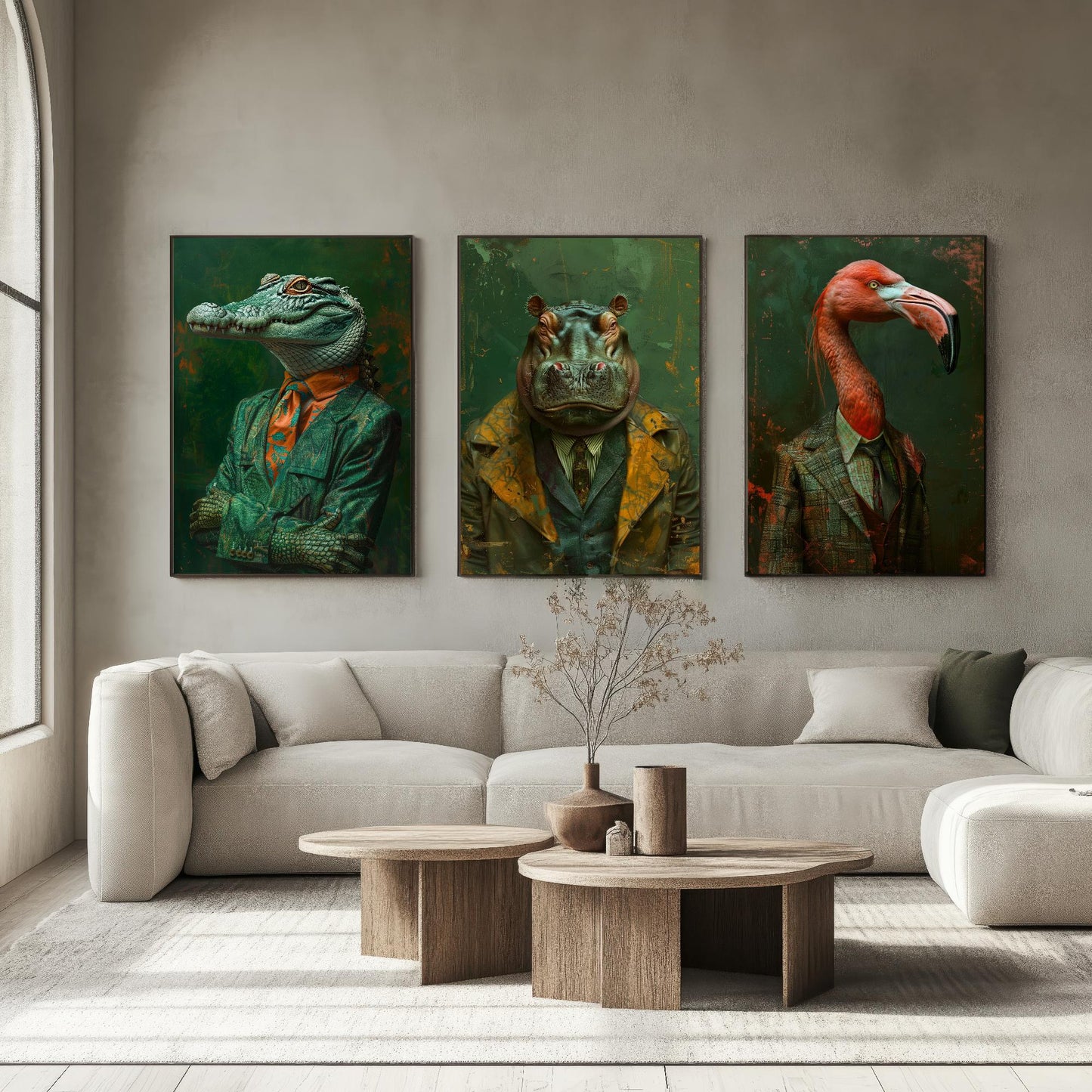 Set of Three Wild Riverbank Animals Wearing Suits Posters - 3 Crocodile, Hippo, Flamingo Art Prints - Photo Painting Wall Jungle Safari