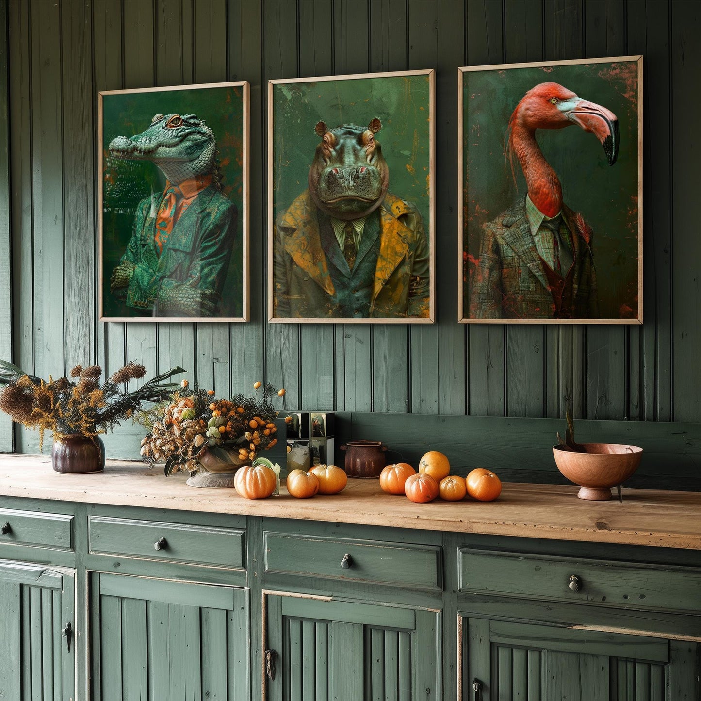 Set of Three Wild Riverbank Animals Wearing Suits Posters - 3 Crocodile, Hippo, Flamingo Art Prints - Photo Painting Wall Jungle Safari