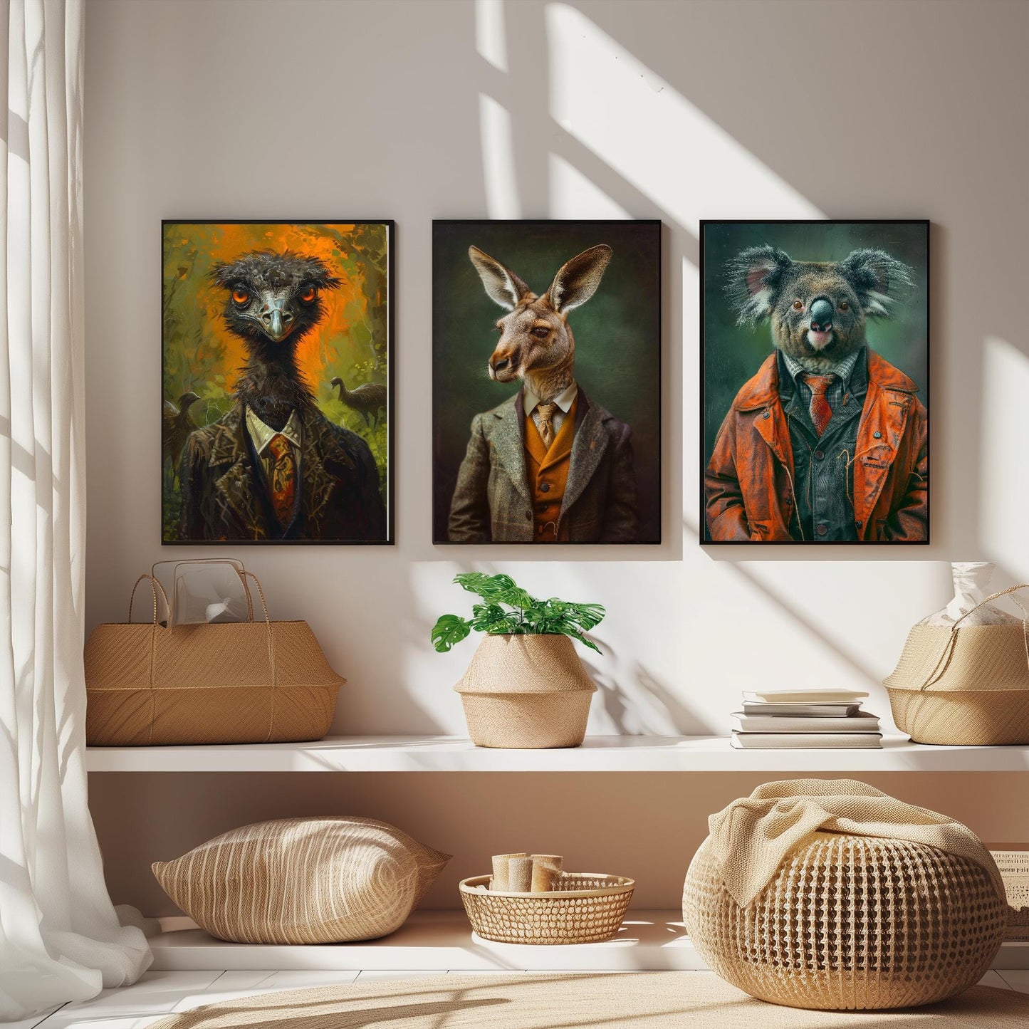 Set of Three Iconic Australian Animals Wearing Suits Posters - 3 Emu, Kangaroo, Koala Art Prints - Photo Painting Wall Oz Outback