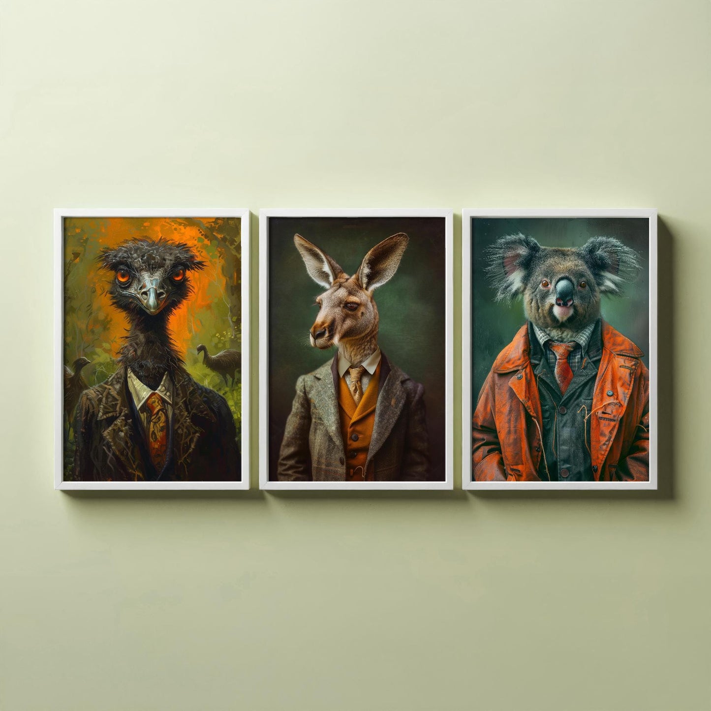 Set of Three Iconic Australian Animals Wearing Suits Posters - 3 Emu, Kangaroo, Koala Art Prints - Photo Painting Wall Oz Outback
