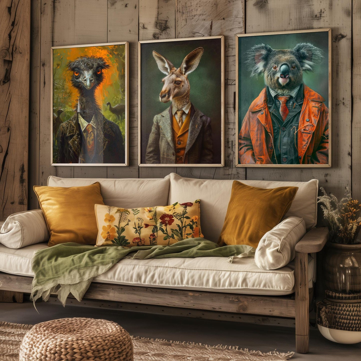 Set of Three Iconic Australian Animals Wearing Suits Posters - 3 Emu, Kangaroo, Koala Art Prints - Photo Painting Wall Oz Outback