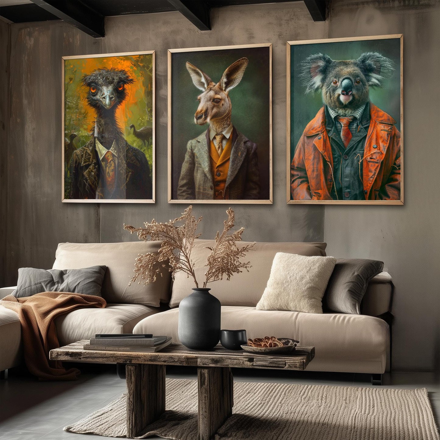 Set of Three Iconic Australian Animals Wearing Suits Posters - 3 Emu, Kangaroo, Koala Art Prints - Photo Painting Wall Oz Outback