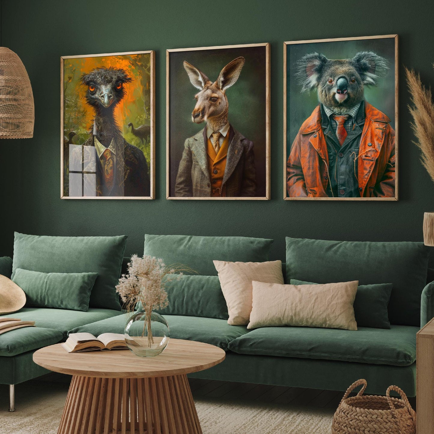 Set of Three Iconic Australian Animals Wearing Suits Posters - 3 Emu, Kangaroo, Koala Art Prints - Photo Painting Wall Oz Outback