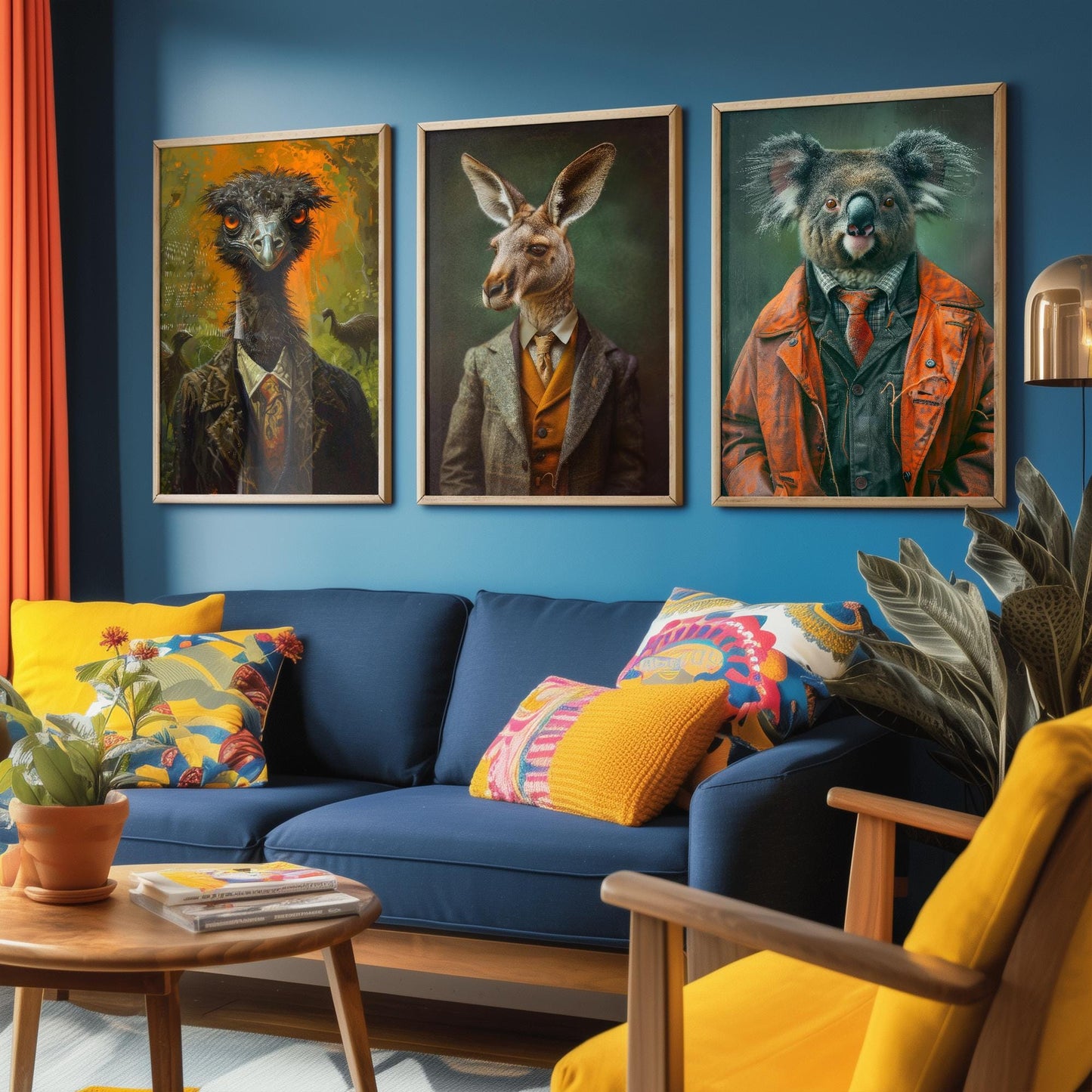 Set of Three Iconic Australian Animals Wearing Suits Posters - 3 Emu, Kangaroo, Koala Art Prints - Photo Painting Wall Oz Outback