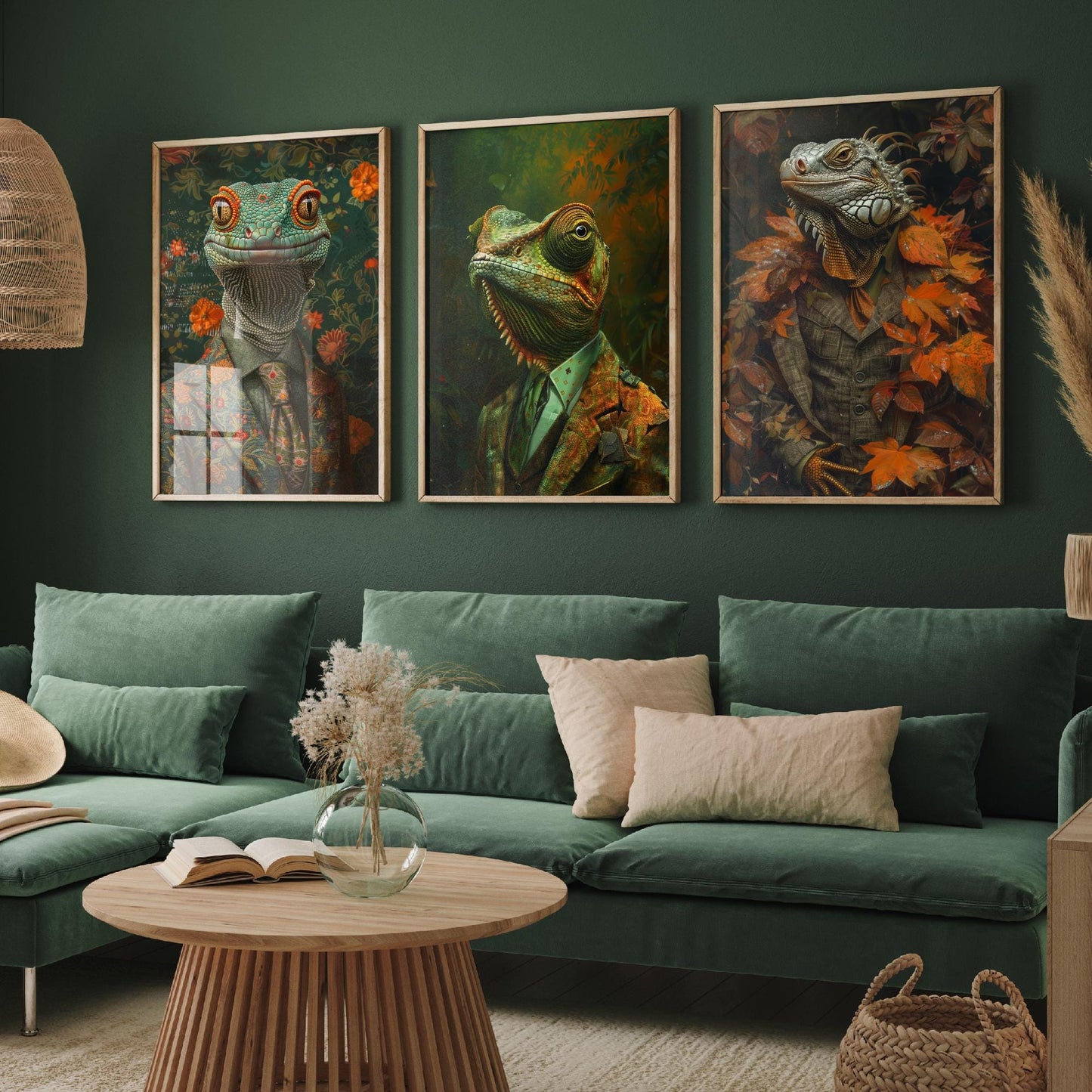 Set of Three Colour Changing Reptiles Wearing Suits Posters - 3 Chameleon, Gecko, Iguana Art Prints - Photo Painting Wall Jungle Animal