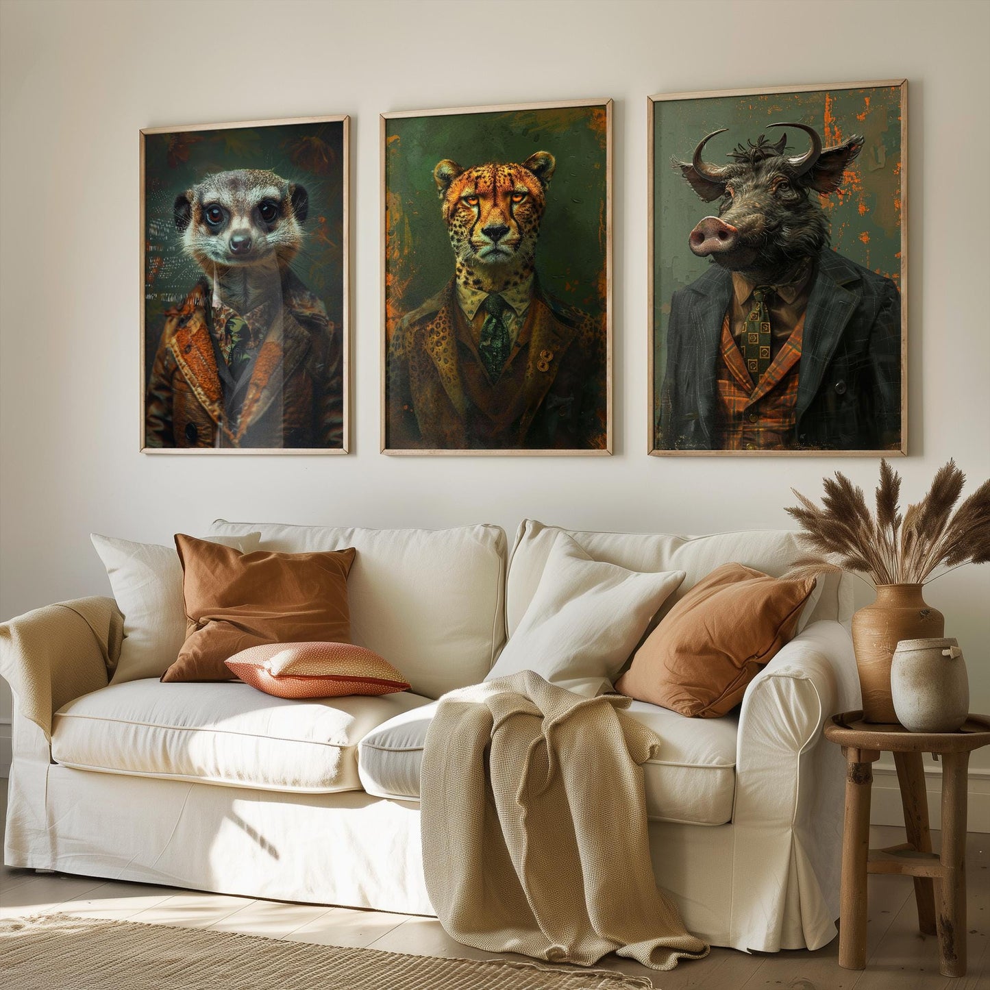 Set of Three Playful but Tough Animals Wearing Suits Posters - 3 Meerkat, Cheetah, Warthog Art Prints - Photo Painting Wall Oz Outback