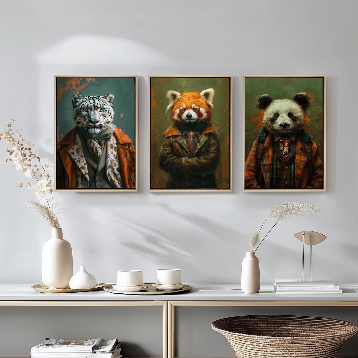 Set of Three Asian Mountain Animals Wearing Suits Posters - 3 Snow Leopard, Red Panda, Panda Art Prints - Photo Painting Wall Cute Bamboo