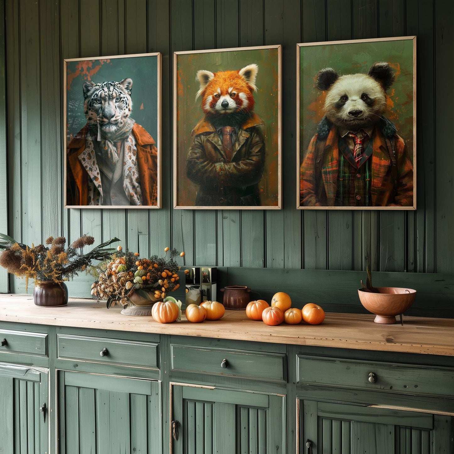 Set of Three Asian Mountain Animals Wearing Suits Posters - 3 Snow Leopard, Red Panda, Panda Art Prints - Photo Painting Wall Cute Bamboo