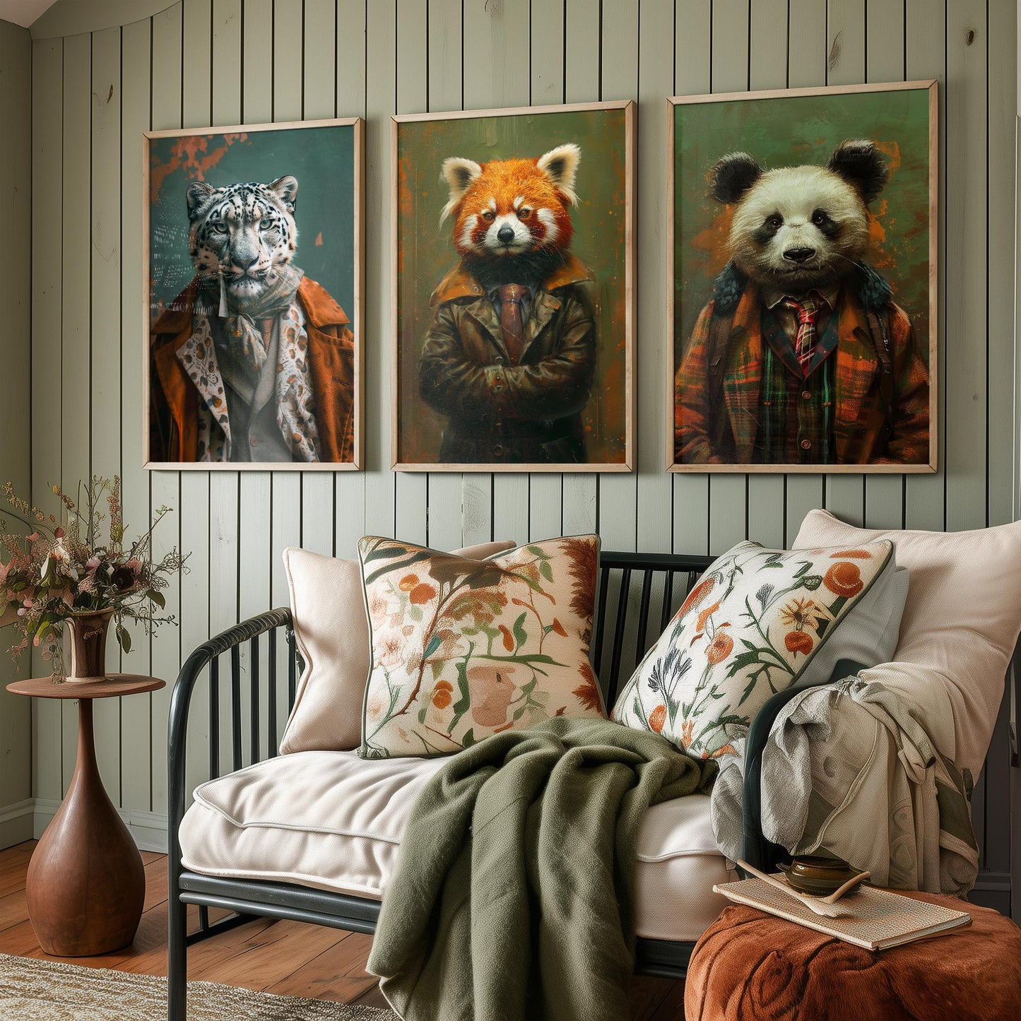 Set of Three Asian Mountain Animals Wearing Suits Posters - 3 Snow Leopard, Red Panda, Panda Art Prints - Photo Painting Wall Cute Bamboo