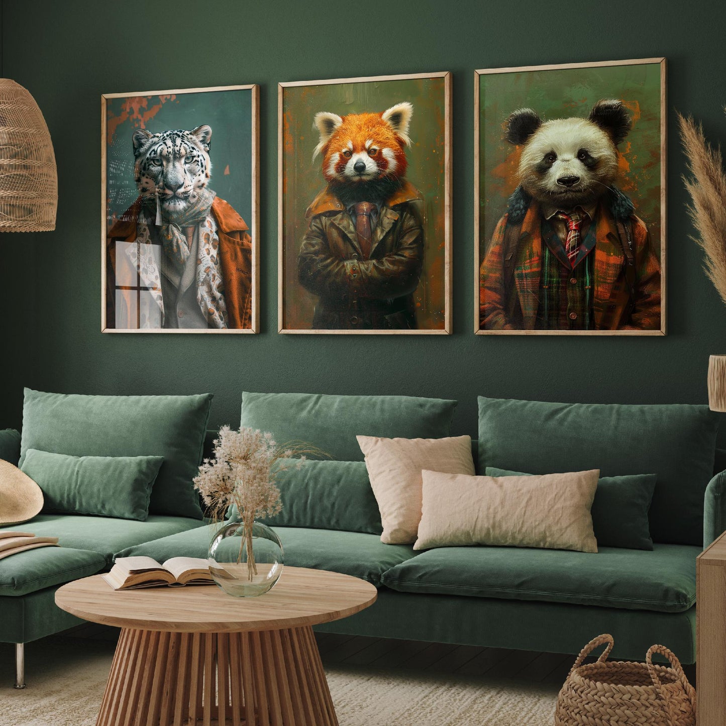 Set of Three Asian Mountain Animals Wearing Suits Posters - 3 Snow Leopard, Red Panda, Panda Art Prints - Photo Painting Wall Cute Bamboo