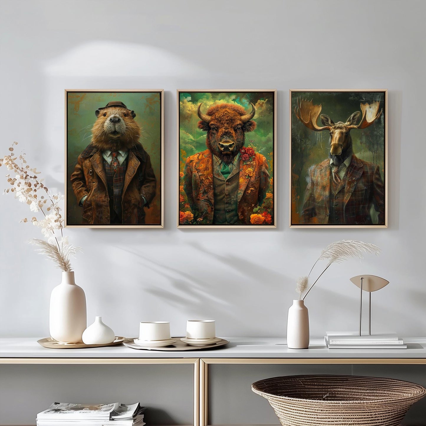 Set of Three North American Wilderness Animals Wearing Suits Posters - 3 Beaver, Bison, Moose Art Prints - Photo Painting Wall Dam Antlers