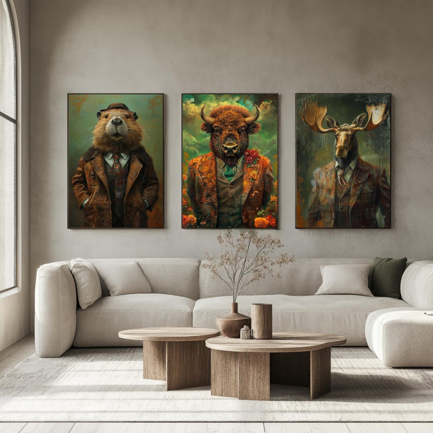 Set of Three North American Wilderness Animals Wearing Suits Posters - 3 Beaver, Bison, Moose Art Prints - Photo Painting Wall Dam Antlers