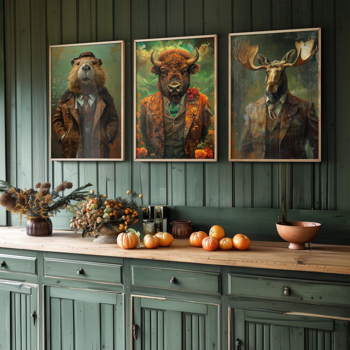 Set of Three North American Wilderness Animals Wearing Suits Posters - 3 Beaver, Bison, Moose Art Prints - Photo Painting Wall Dam Antlers