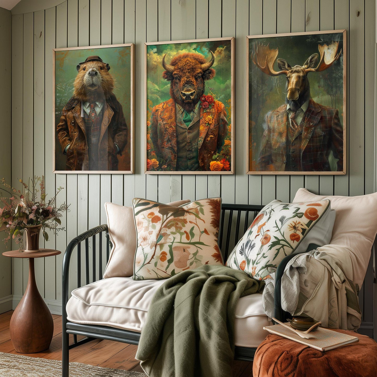 Set of Three North American Wilderness Animals Wearing Suits Posters - 3 Beaver, Bison, Moose Art Prints - Photo Painting Wall Dam Antlers