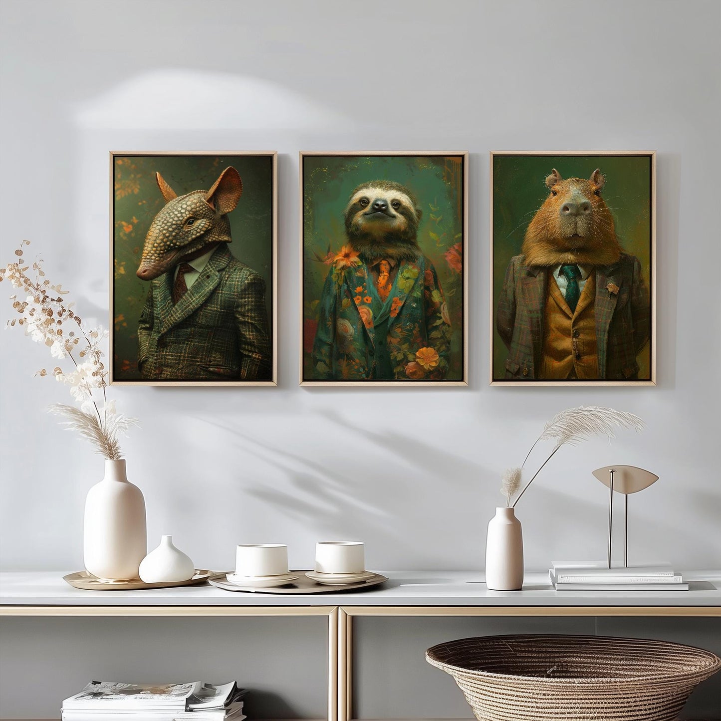 Set of Three Mellow South American Animals Wearing Suits Posters - 3 Armadillo, Sloth, Capybara Art Prints - Photo Painting Wall Flow Cute